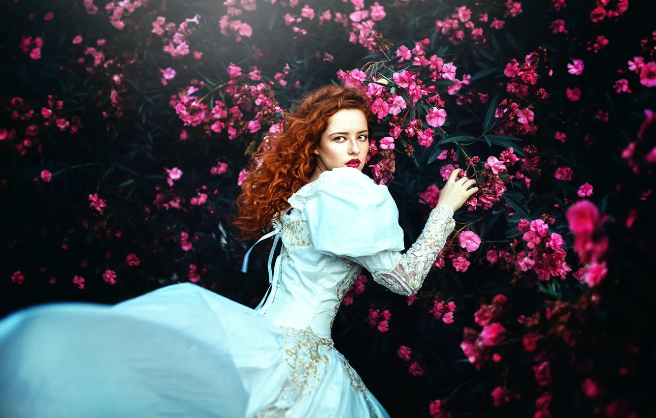 Photo wallpaper dress, Ronny Garcia, girl, running, Run while you can, flowers, the bushes