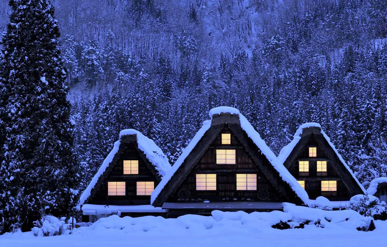 Photo wallpaper winter, snow, house, Japan, Shirakawa-go