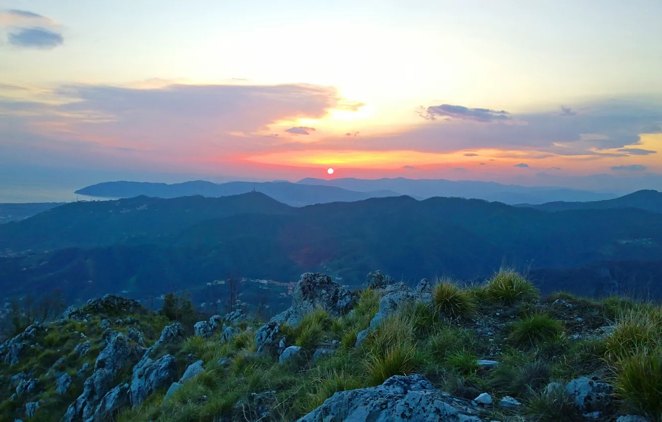 Photo wallpaper sea, the sky, grass, clouds, sunset, mountains, Italy, Carrara