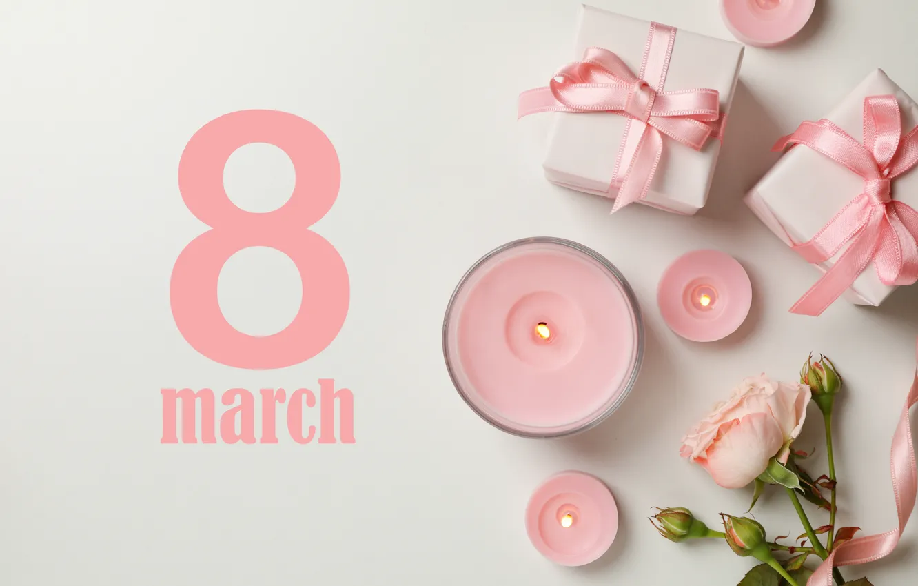 Photo wallpaper flowers, gift, rose, candles, rose, happy, March 8, pink, flowers, spring, celebration, candles, ribbon, women's …