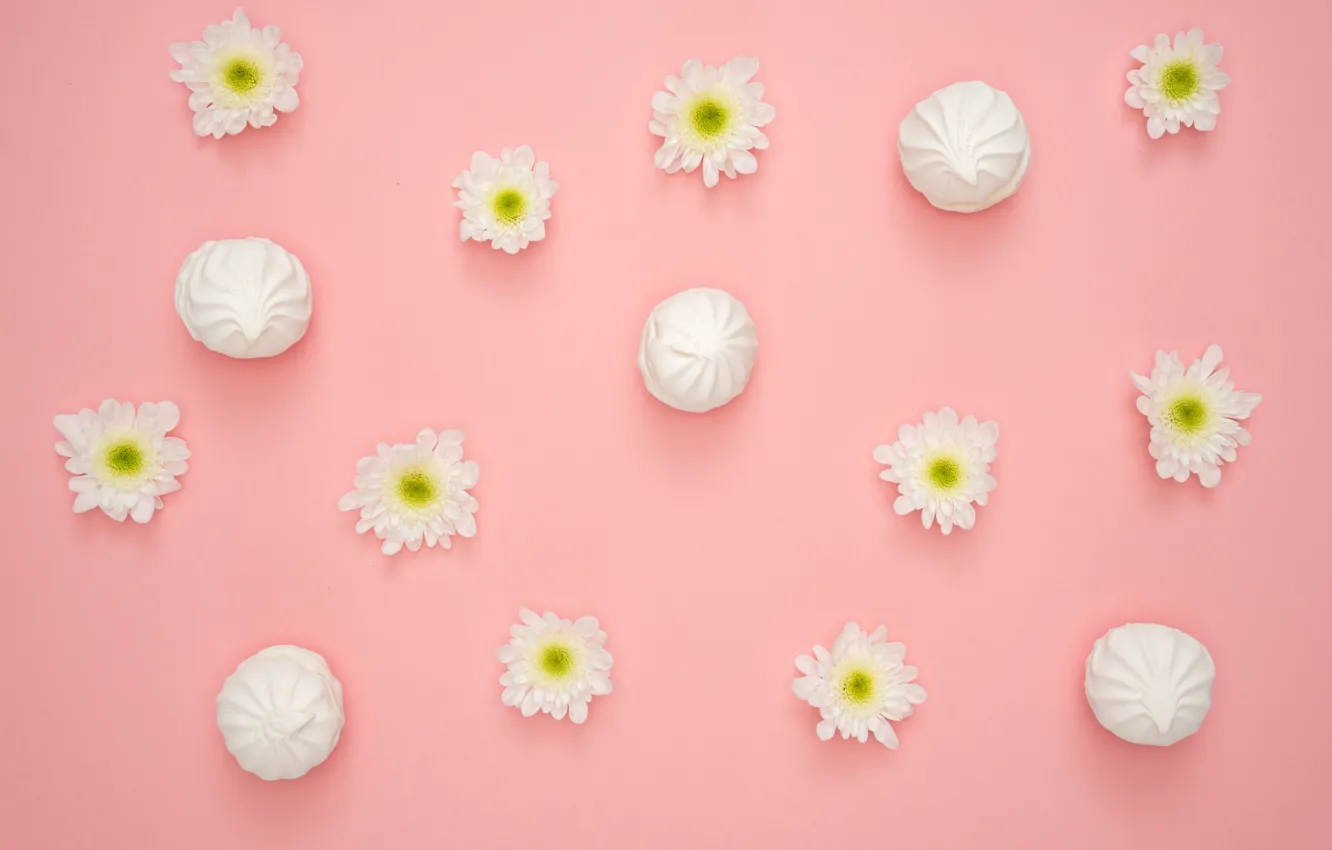 Photo wallpaper flowers, background, sweets, marshmallows