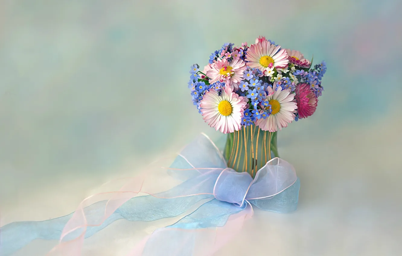 Photo wallpaper flowers, tape, bouquet, bow, forget-me-nots, vase, Daisy