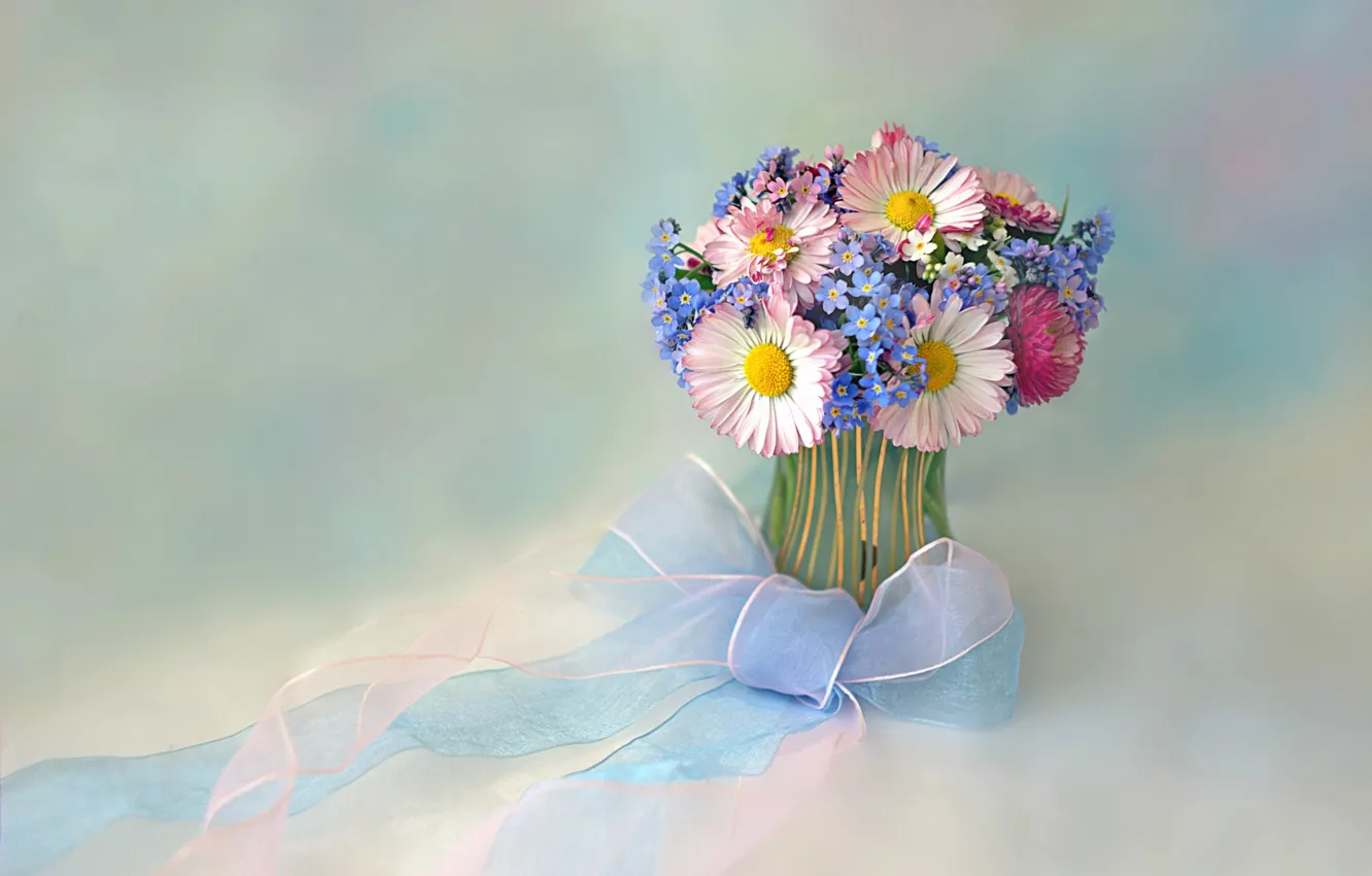 Photo wallpaper flowers, bouquet, tape, bow, forget-me-nots, vase, Daisy