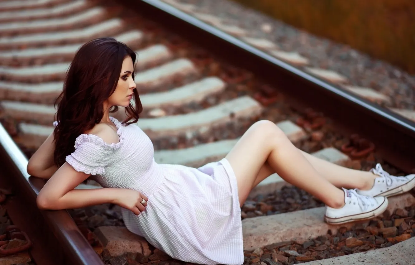 Photo wallpaper dress, legs, photography, model, women, railway, dark hair, women outdoors