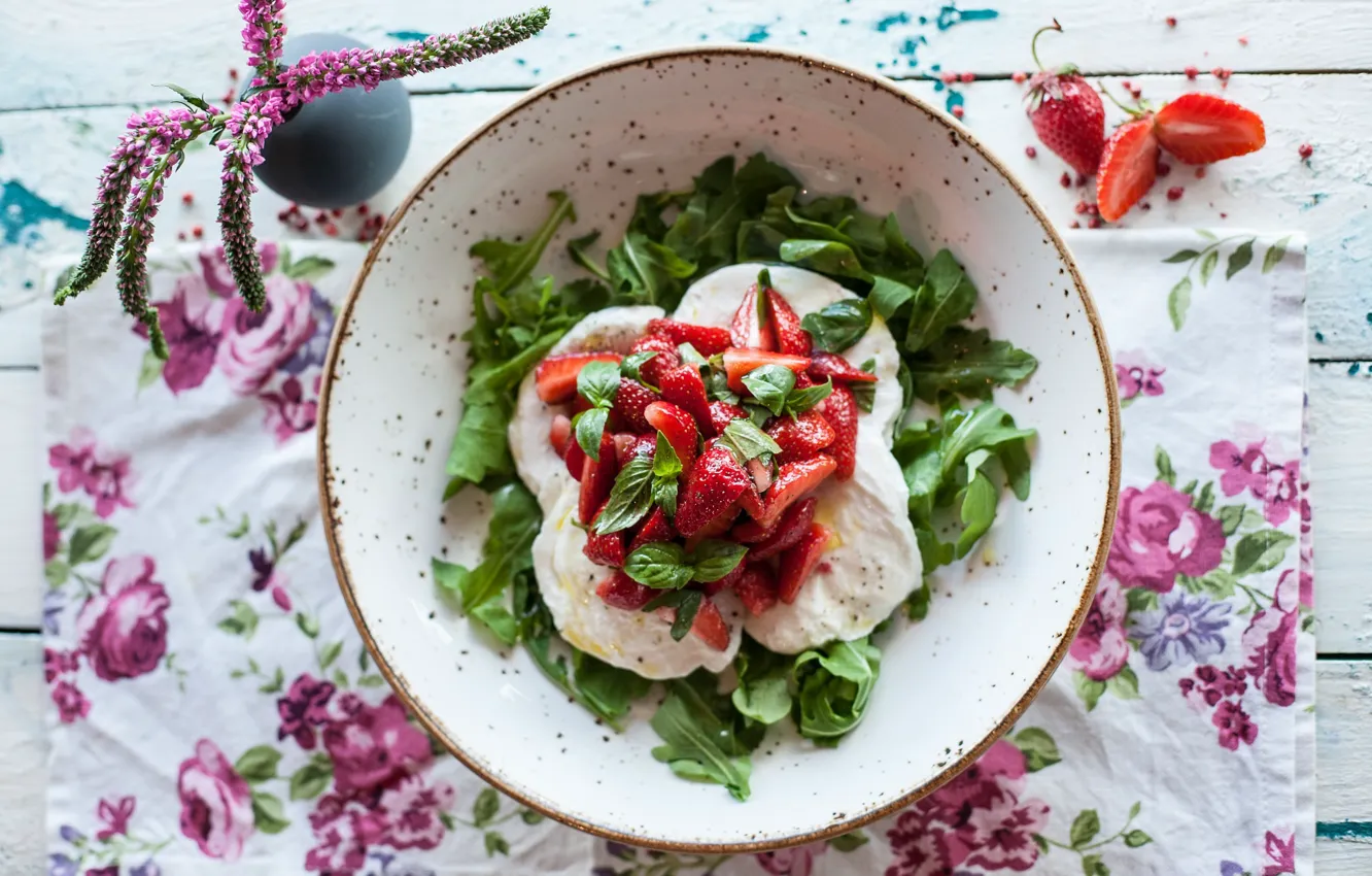 Photo wallpaper greens, food, strawberry, salad, appetizer