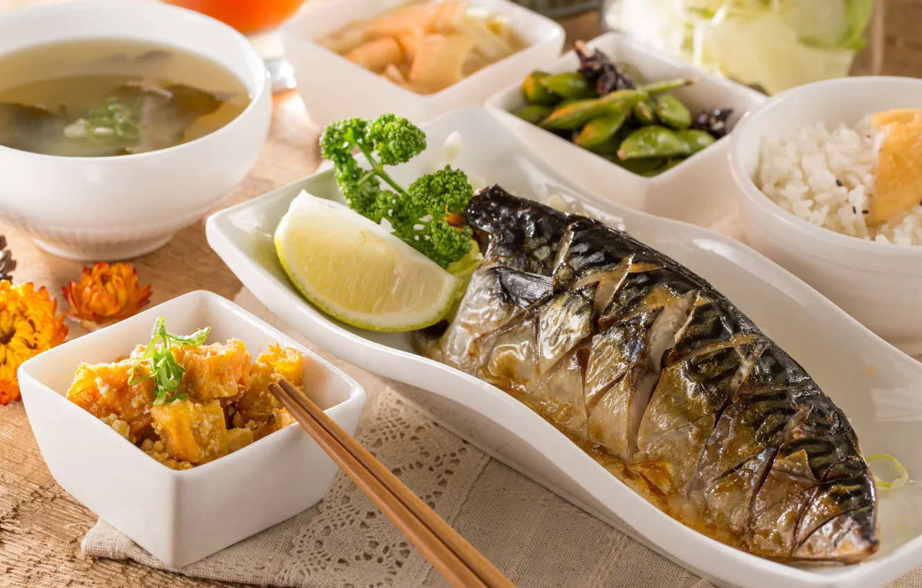Photo wallpaper food, lime, garnish, baked fish
