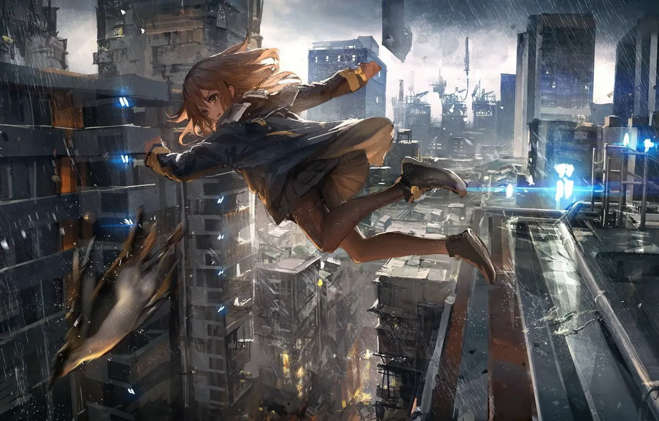 Photo wallpaper city, the city, jump, bird, height, anime, girl, girl