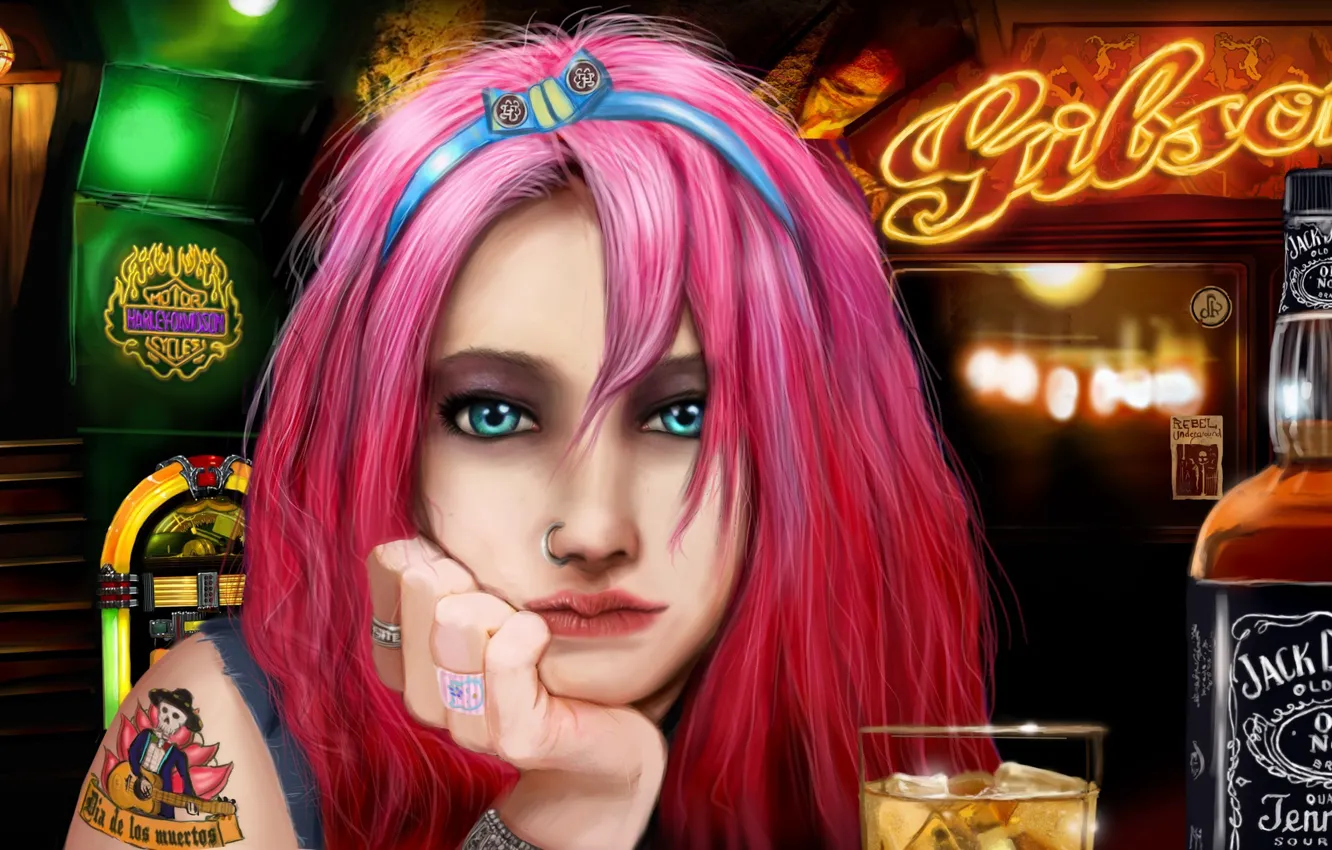 Photo wallpaper ice, girl, glass, bar, piercing, ring, art, alcohol