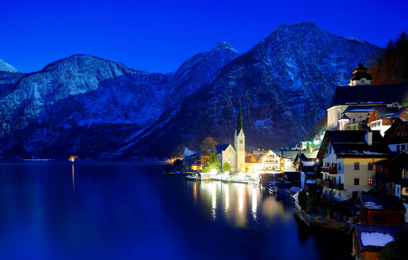Photo wallpaper winter, night, lights, Austria, Hallstatt