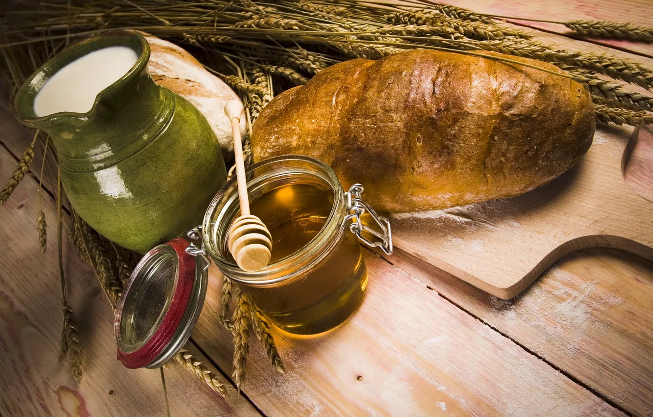 Photo wallpaper table, milk, honey, bread, jars, ears, pitcher, pistil