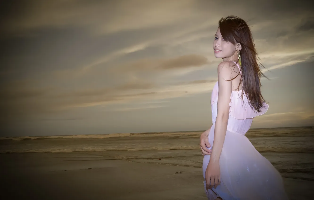Photo wallpaper sea, girl, Asian