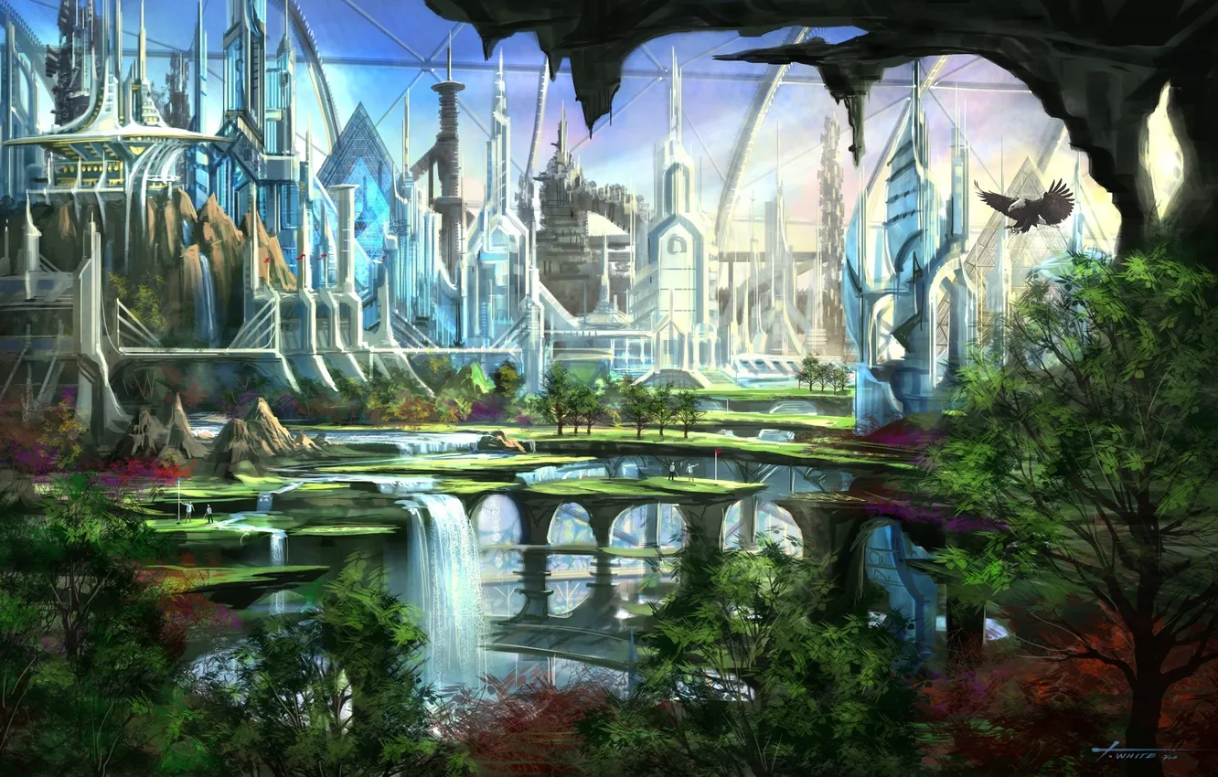 Photo wallpaper trees, the city, eagle, the world of the future