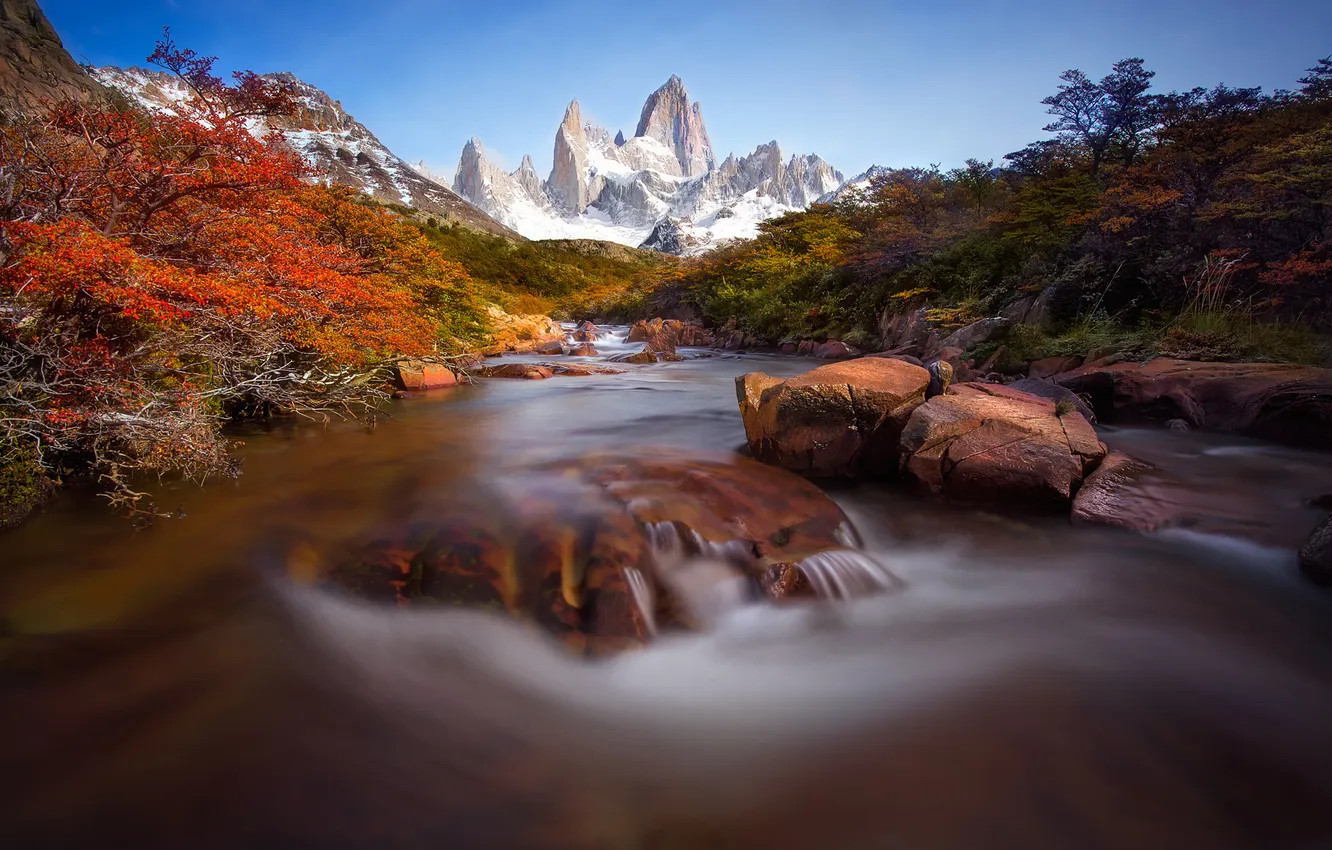 Photo wallpaper autumn, water, mountains, stones, stream, excerpt, peak, Andes