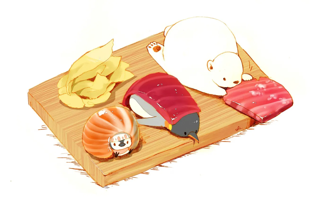 Photo wallpaper white background, penguin, penguin, sushi, ginger, cutting Board, red fish, white bear