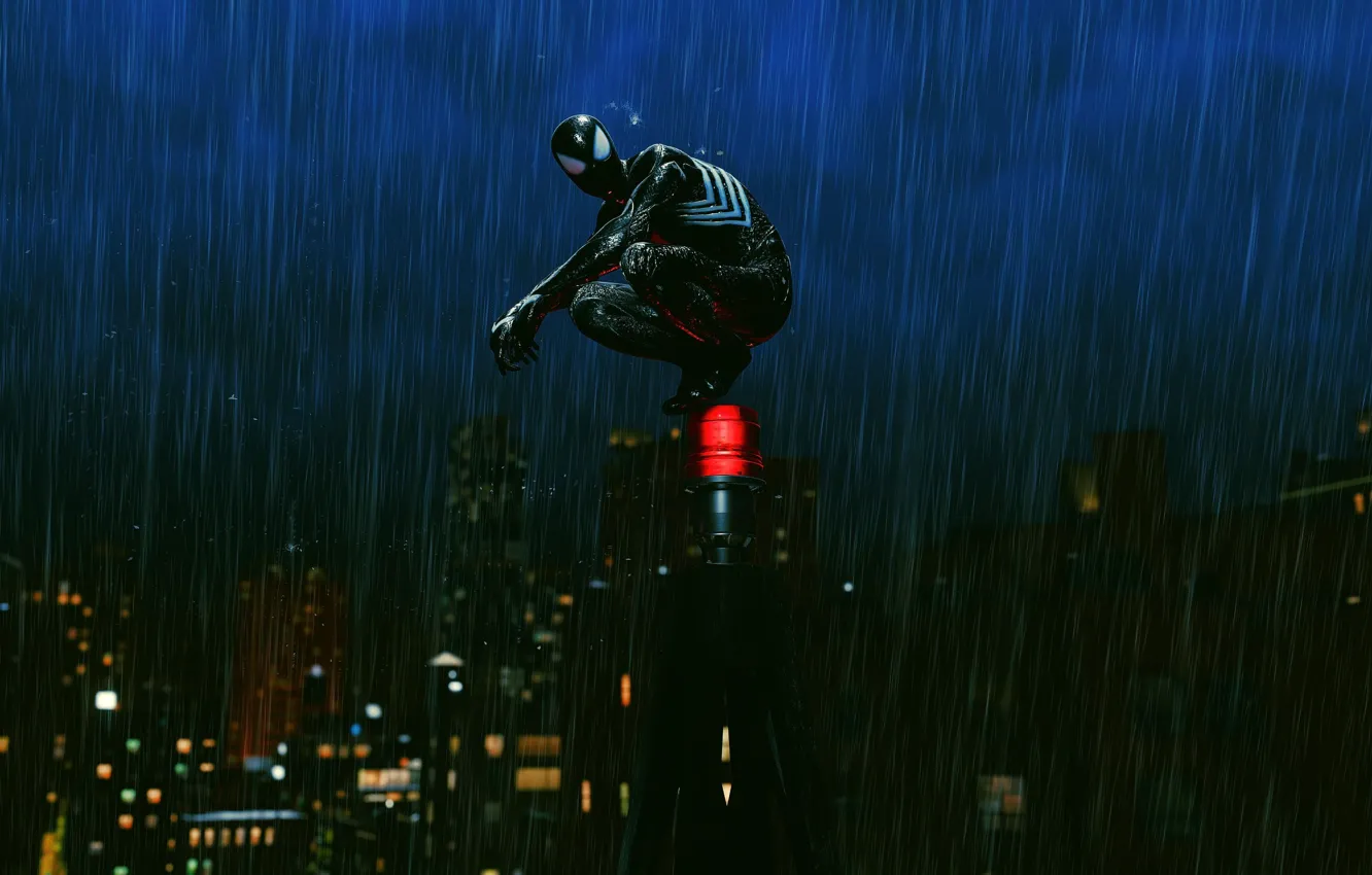 Photo wallpaper night, the city, rain, Comic, Superhero, Marvel, Peter Parker, Spider-Man