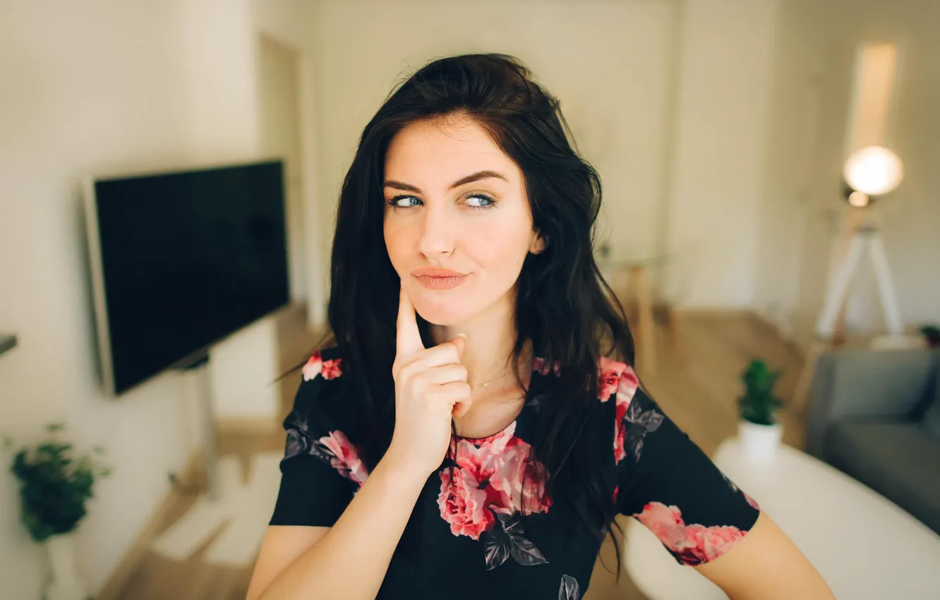 Photo wallpaper look, girl, joy, face, room, sweetheart, model, brunette