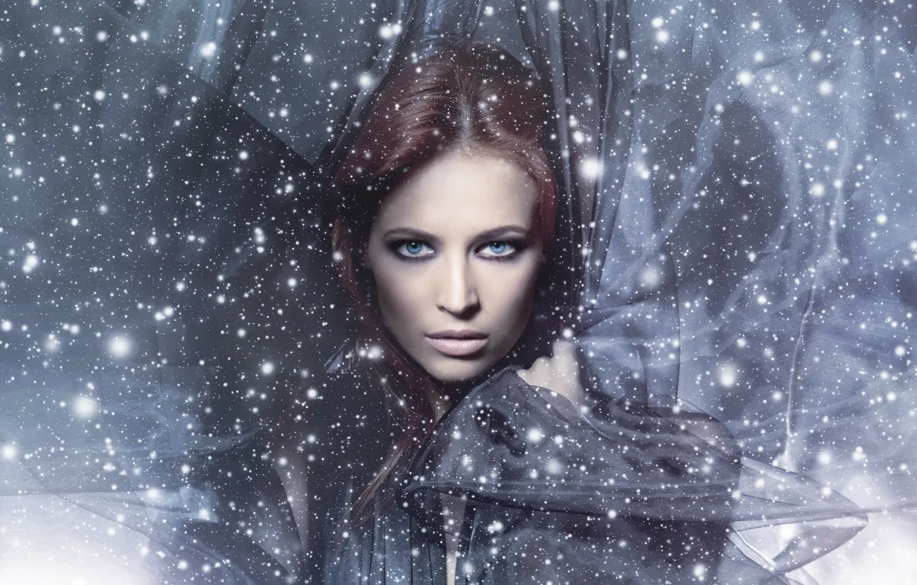 Photo wallpaper look, girl, face, hair, fabric, blue eyes