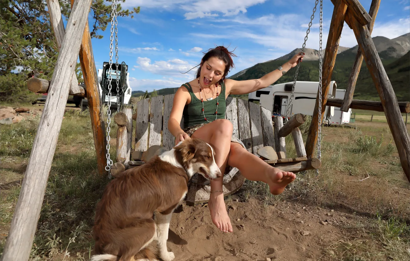 Photo wallpaper dirt, grass, hot girl, brown hair, dog, clouds, tree, hills