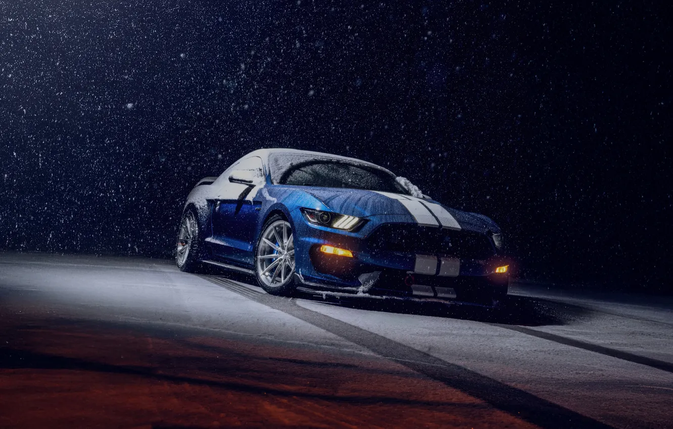 Photo wallpaper lights, Ford Mustang, blue, night, muscle car, snow