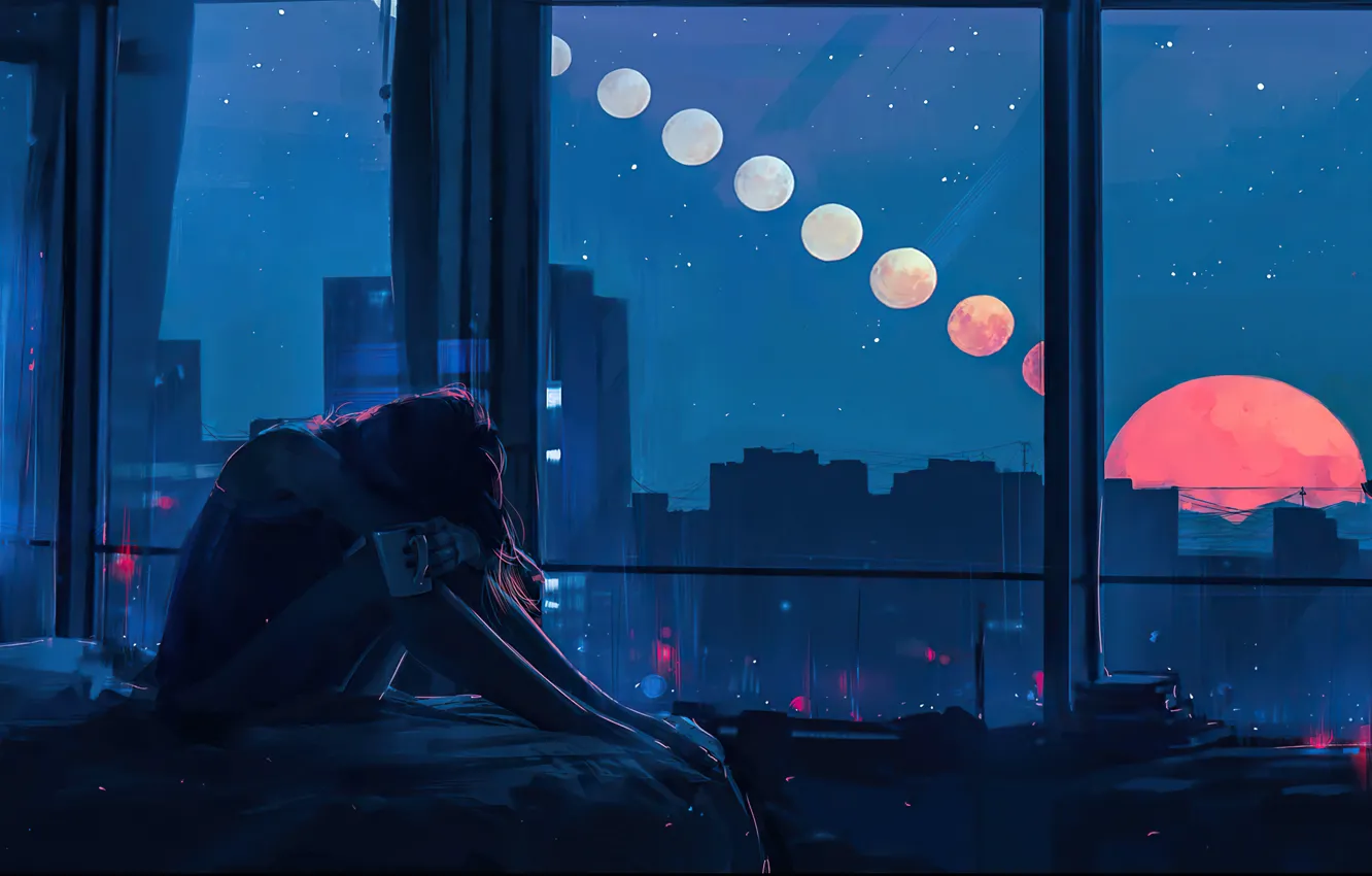 Photo wallpaper girl, stars, loneliness, the moon, stained glass, bed, girl, moon