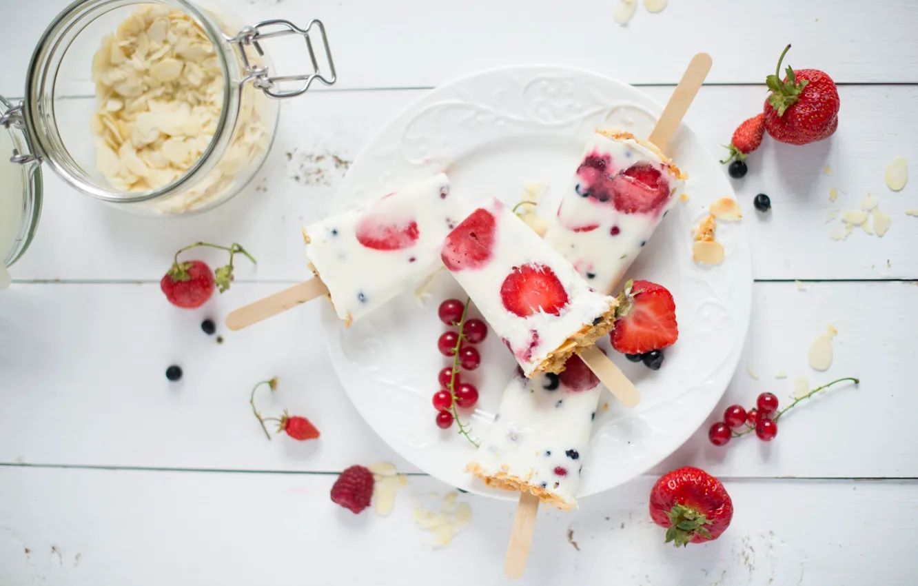 Photo wallpaper berries, raspberry, blueberries, strawberry, ice cream, dessert, strawberry, blueberry