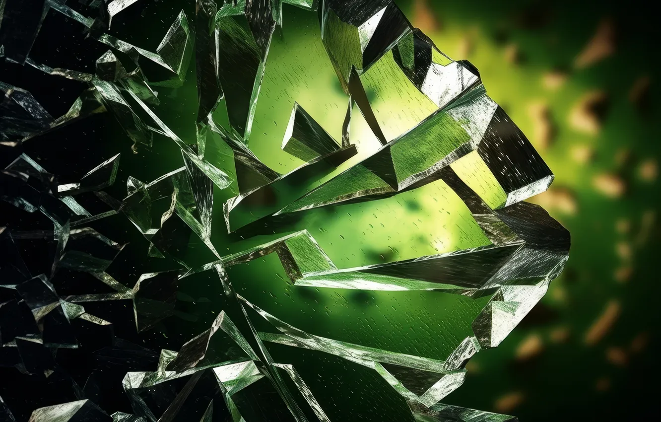 Photo wallpaper glass, abstraction, cracked, green background, abstract background, AI art, neural network