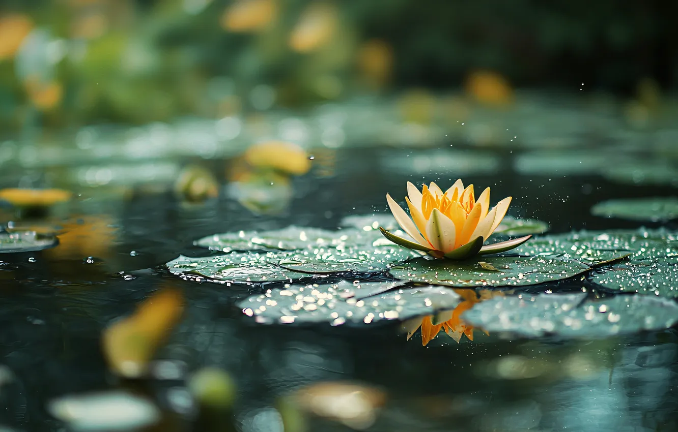 Photo wallpaper leaves, water, drops, flowers, yellow, lake, pond, reflection
