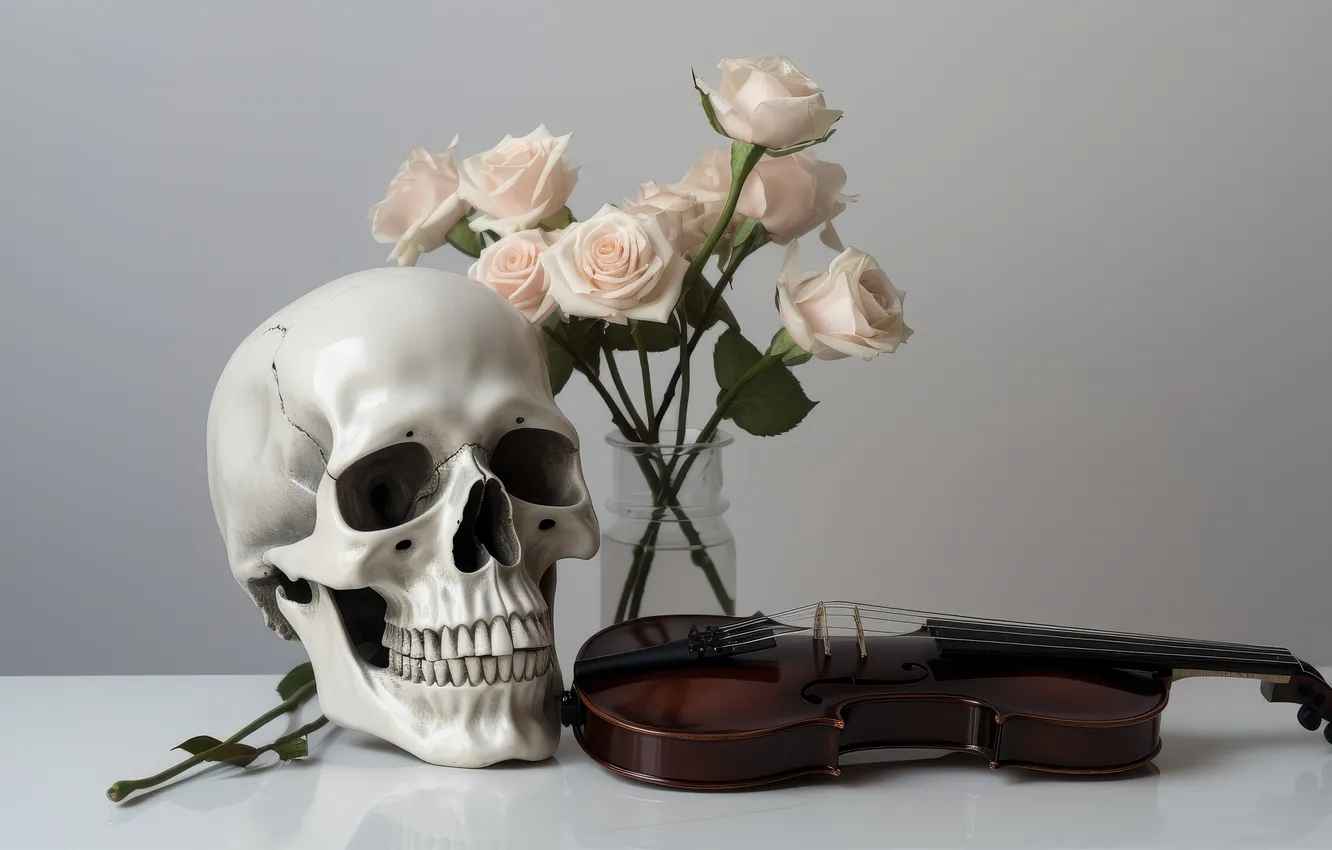 Photo wallpaper flowers, music, table, violin, skull, roses, white, still life