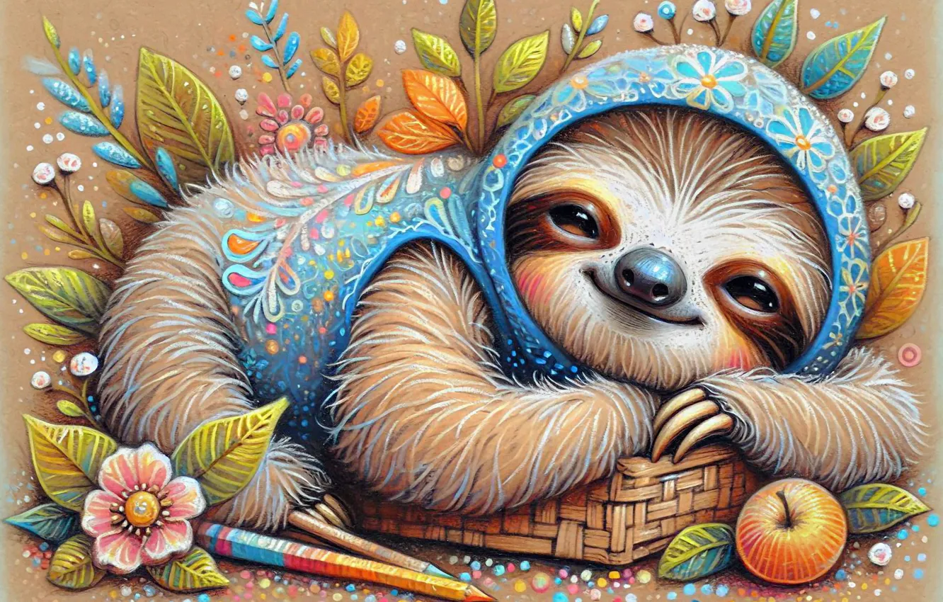 Photo wallpaper apples, lies, sloth, cap, hood, AI art, outfit, styling