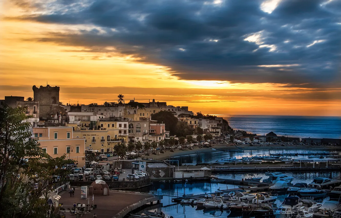 Photo wallpaper sea, the sky, clouds, sunset, coast, boat, home, yacht