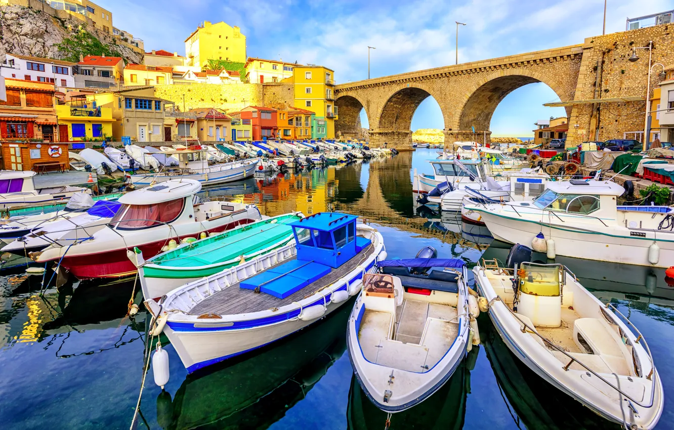 Photo wallpaper sea, bridge, coast, boat, France, home, boat, Sunny