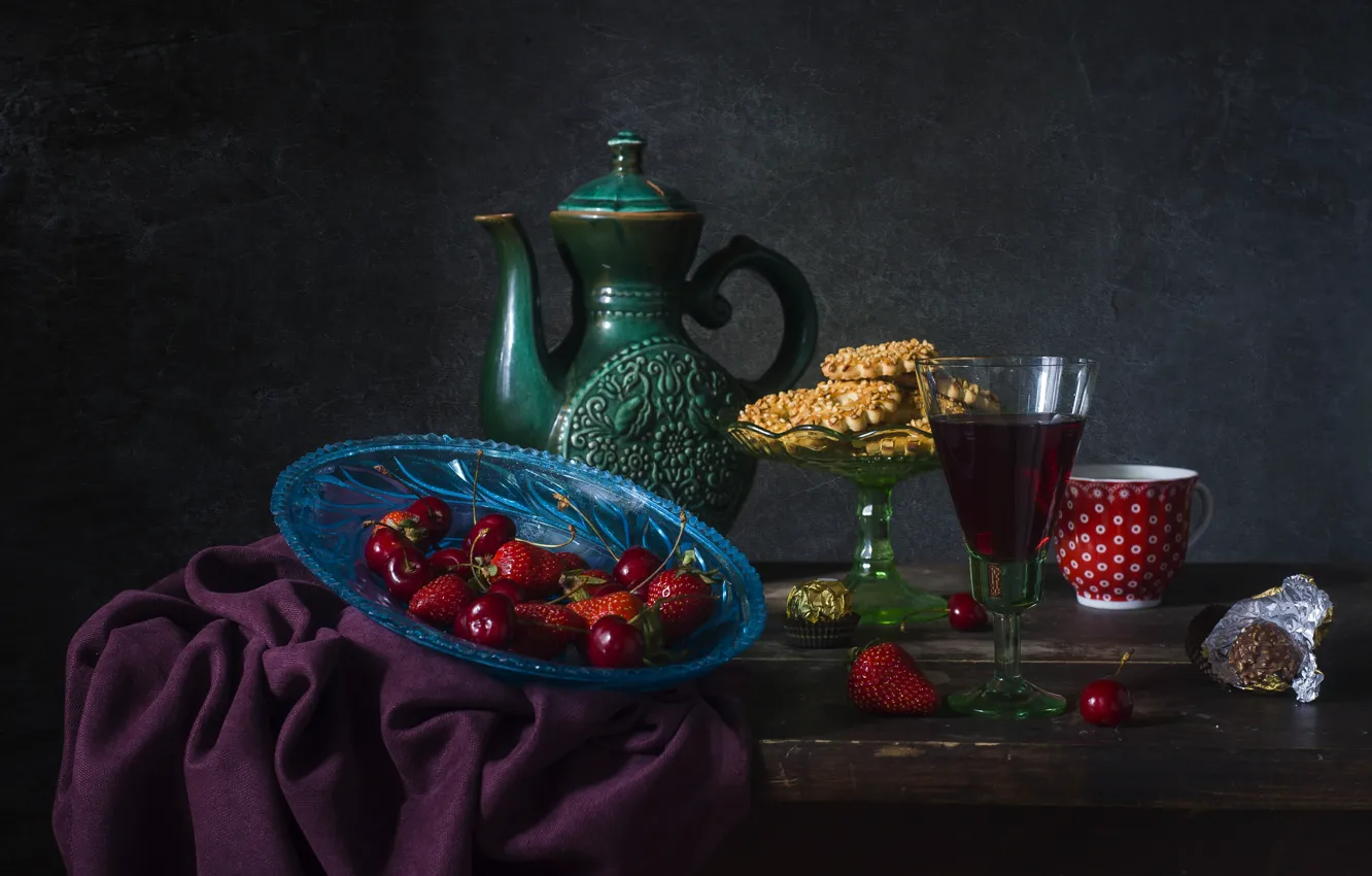 Photo wallpaper cherry, berries, table, wine, glass, cookies, strawberry, plate
