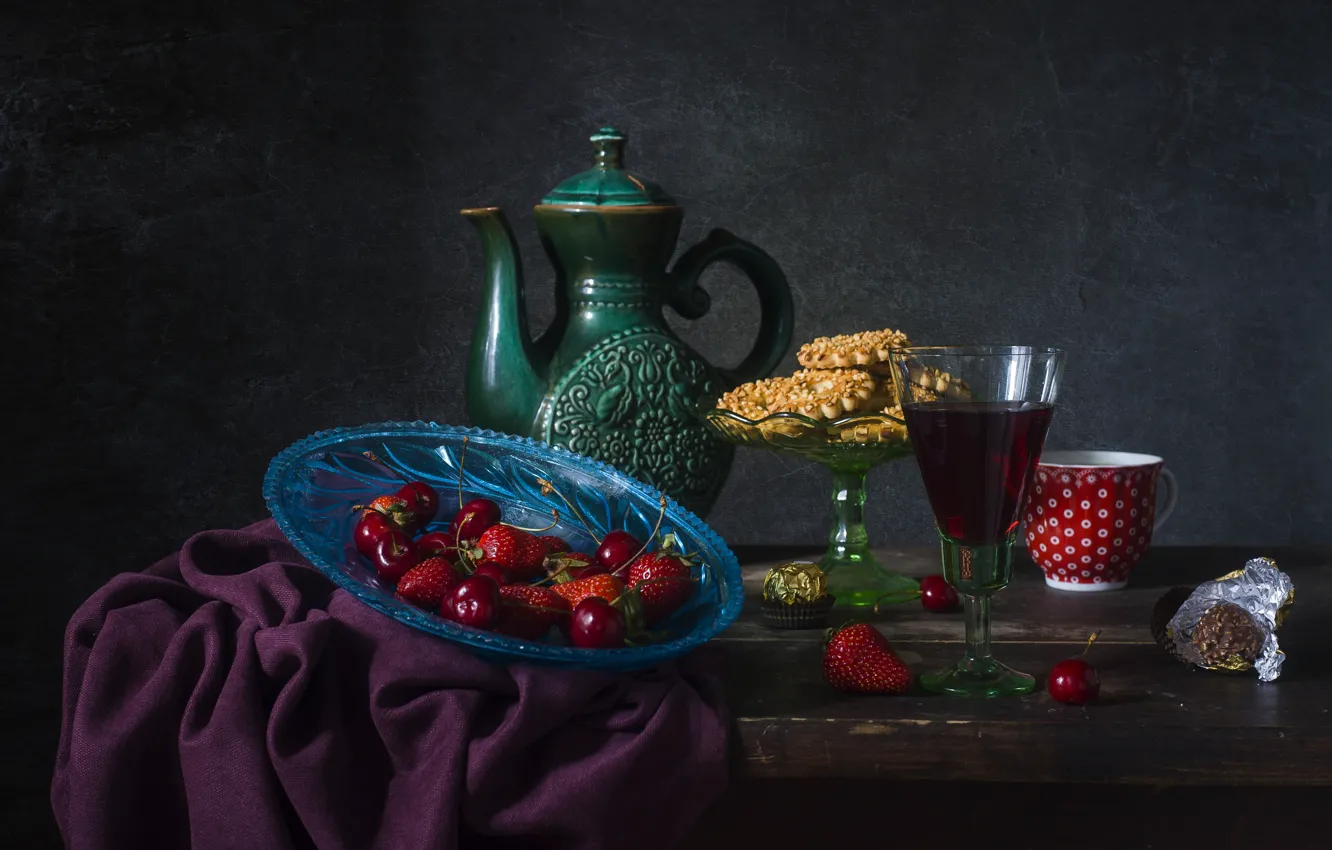 Photo wallpaper vase, mug, table, glass, cookies, wine, ceramics, plate