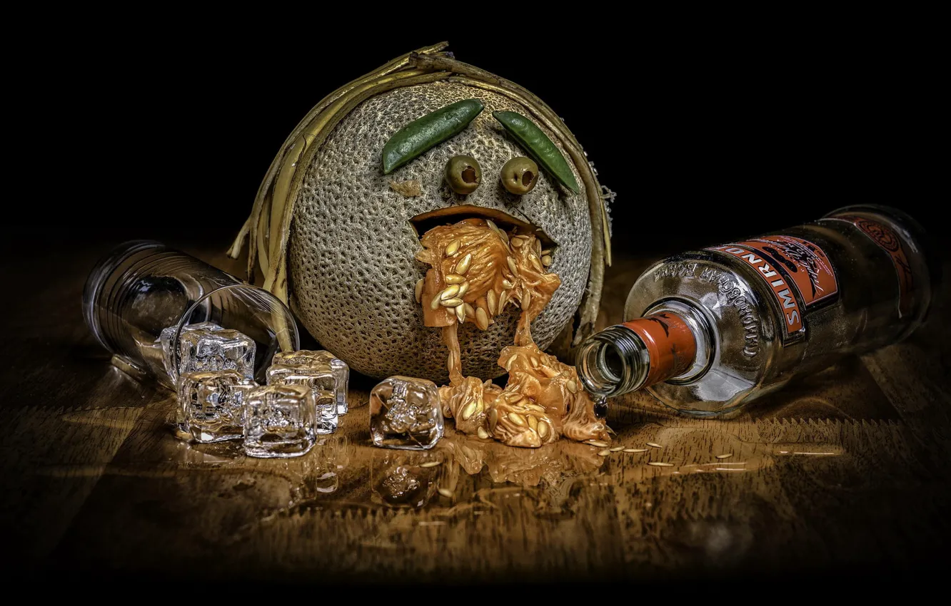 Photo wallpaper still life, vodka, booze, melon, ice cubes, the consequences