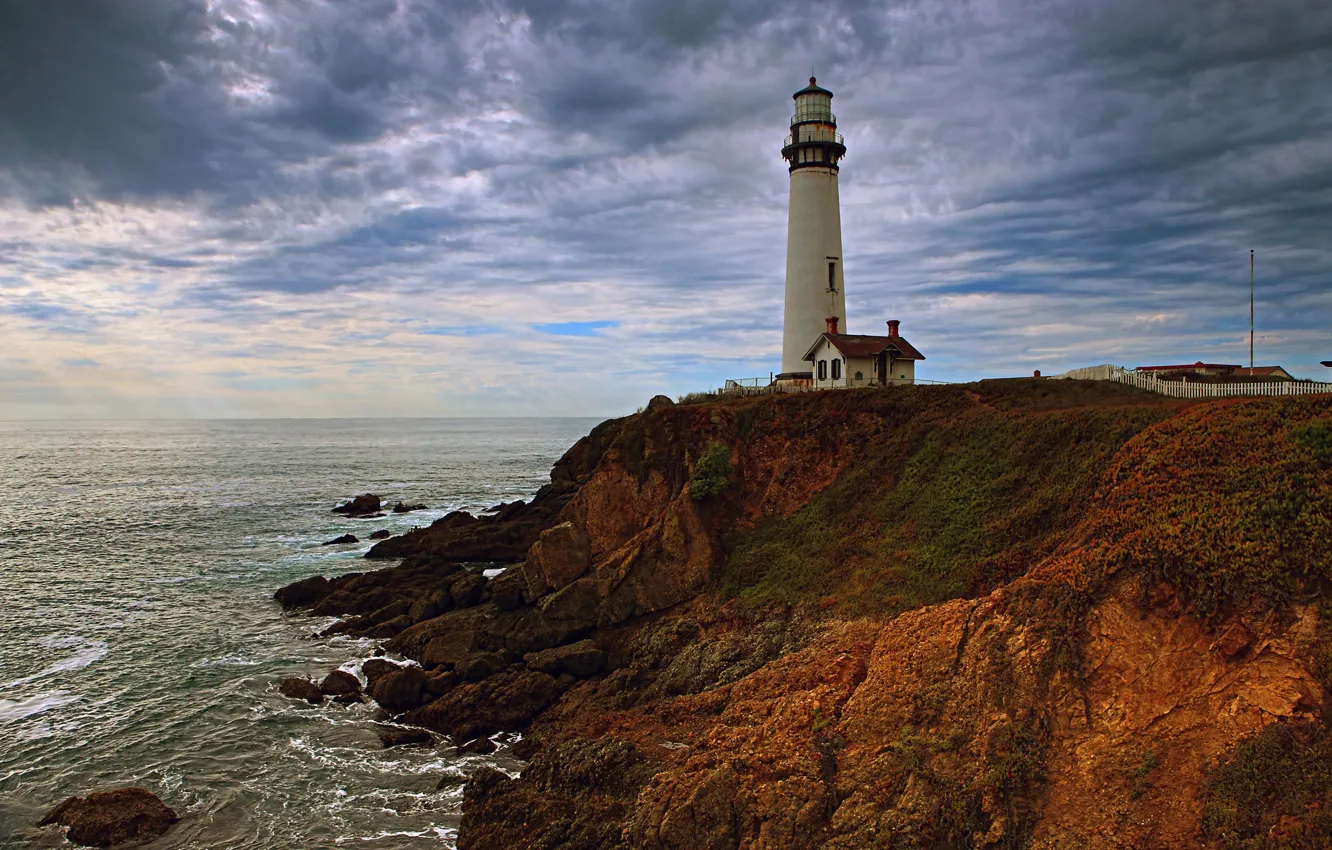 Photo wallpaper sea, the sky, clouds, stones, rocks, coast, lighthouse, horizon