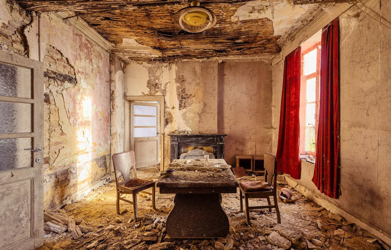 Photo wallpaper window, room, sunlight, fireplace, abandoned, curtains, decay