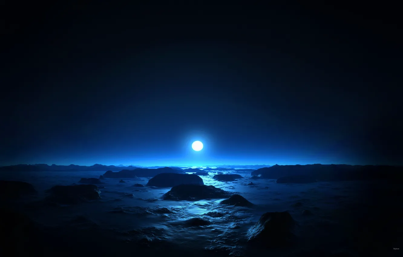 Photo wallpaper sea, night, the moon, Blue night
