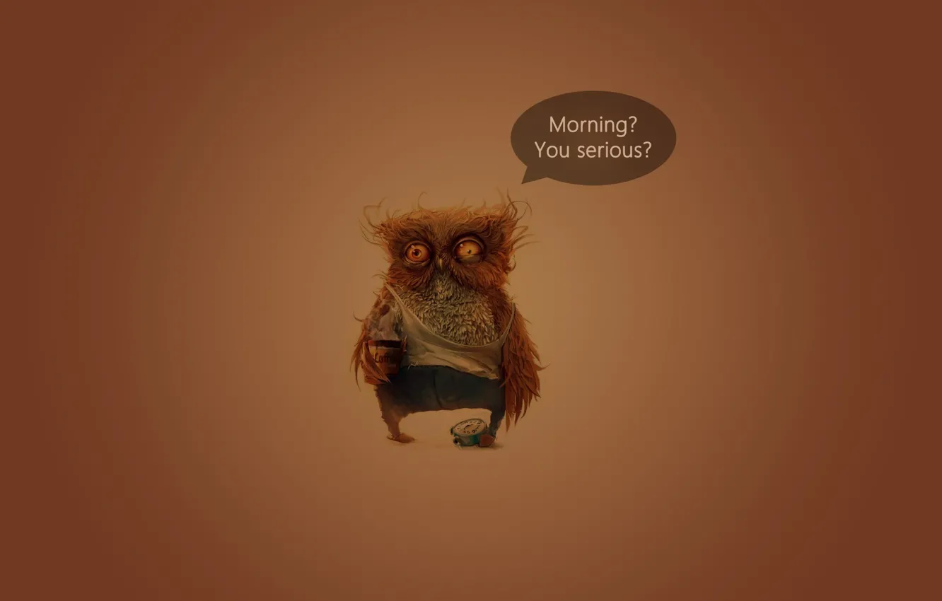 Photo wallpaper owl, coffee, morning, morning, serious, seriously
