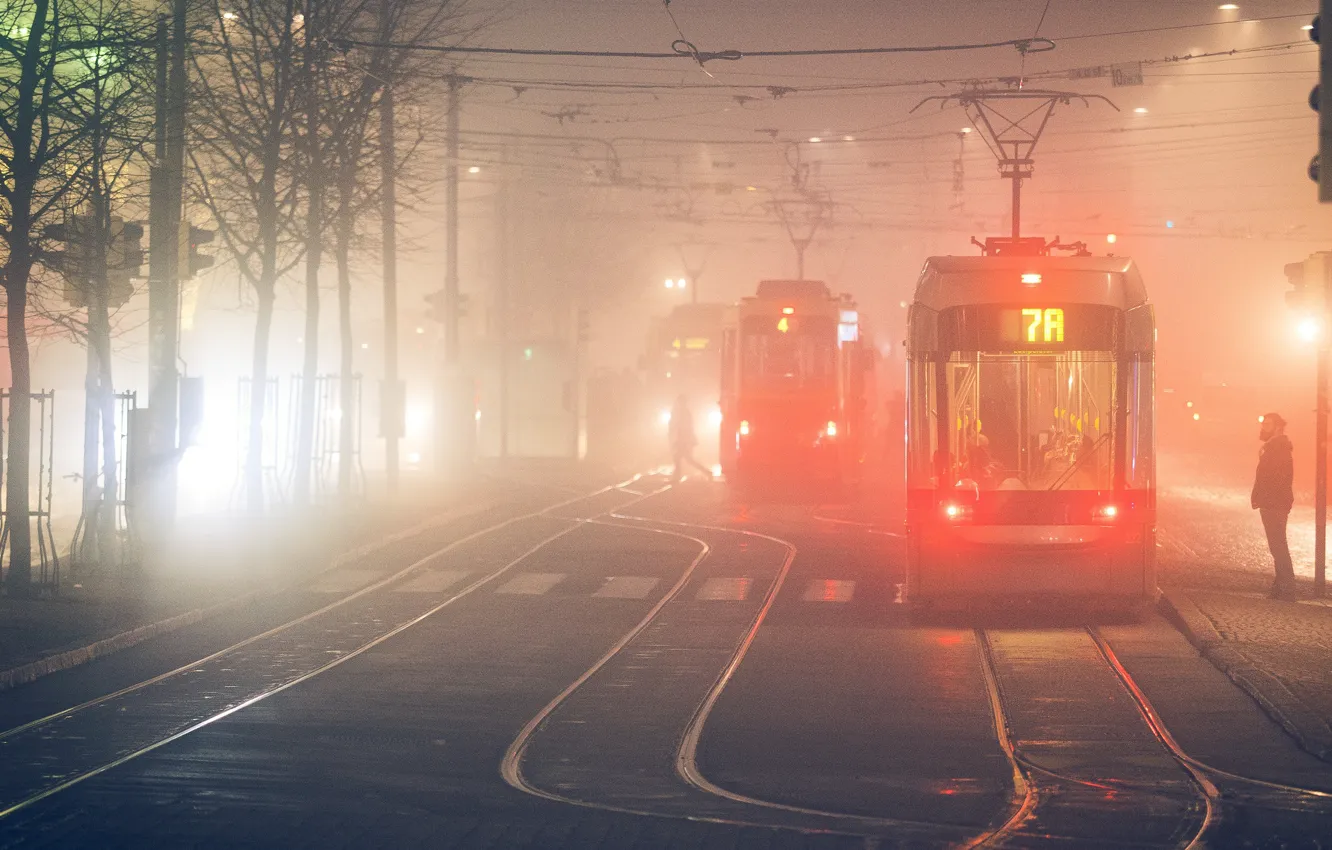 Photo wallpaper fog, street, rails, tram, Finland, Finland, Helsinki, Helsinki