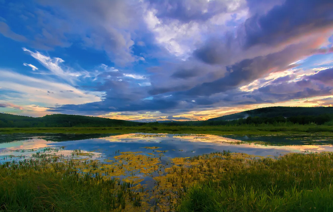 Photo wallpaper clouds, flowers, lake, the evening, horizon, space, the reflection in the water, the beauty of …