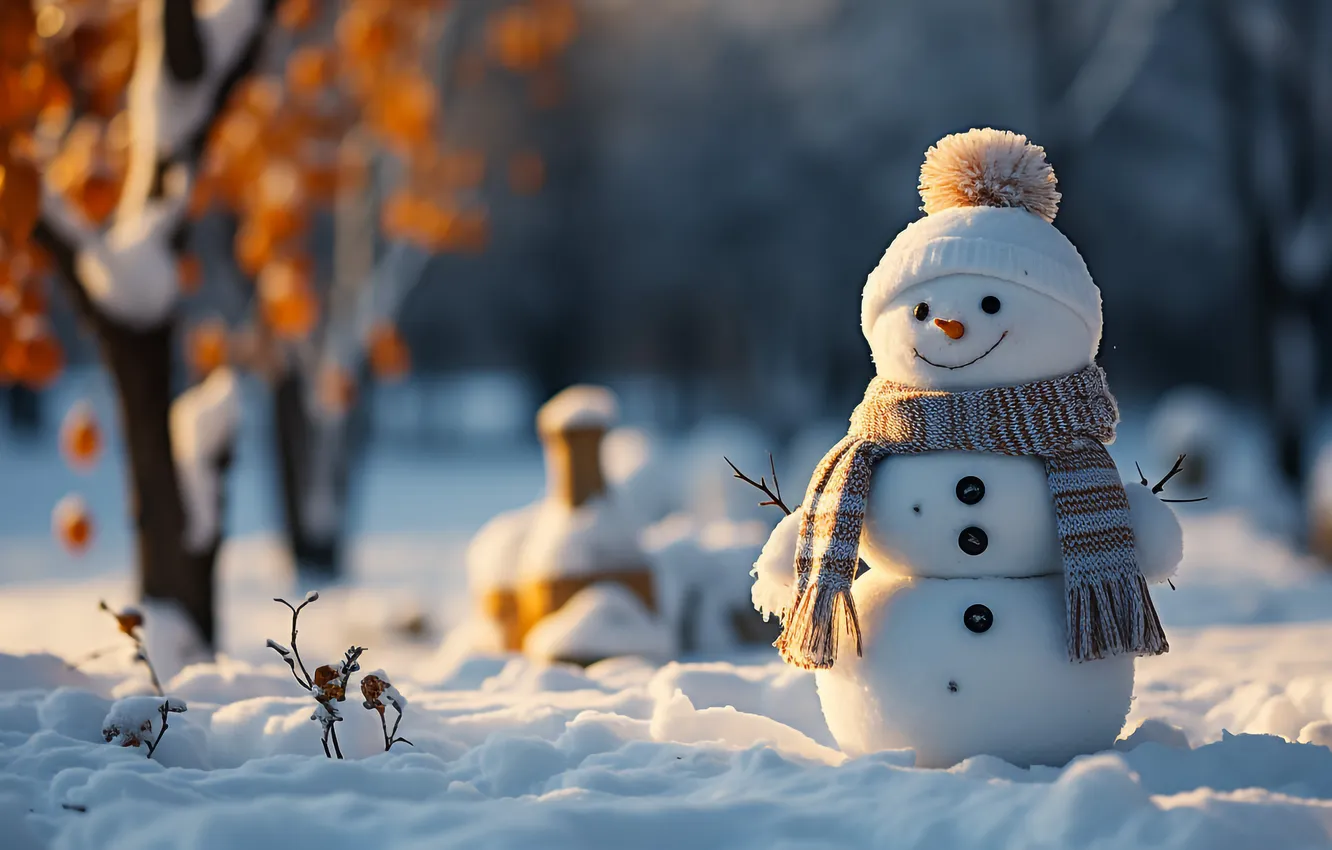 Photo wallpaper winter, snow, new year, Christmas, snowman, Christmas, winter, snow