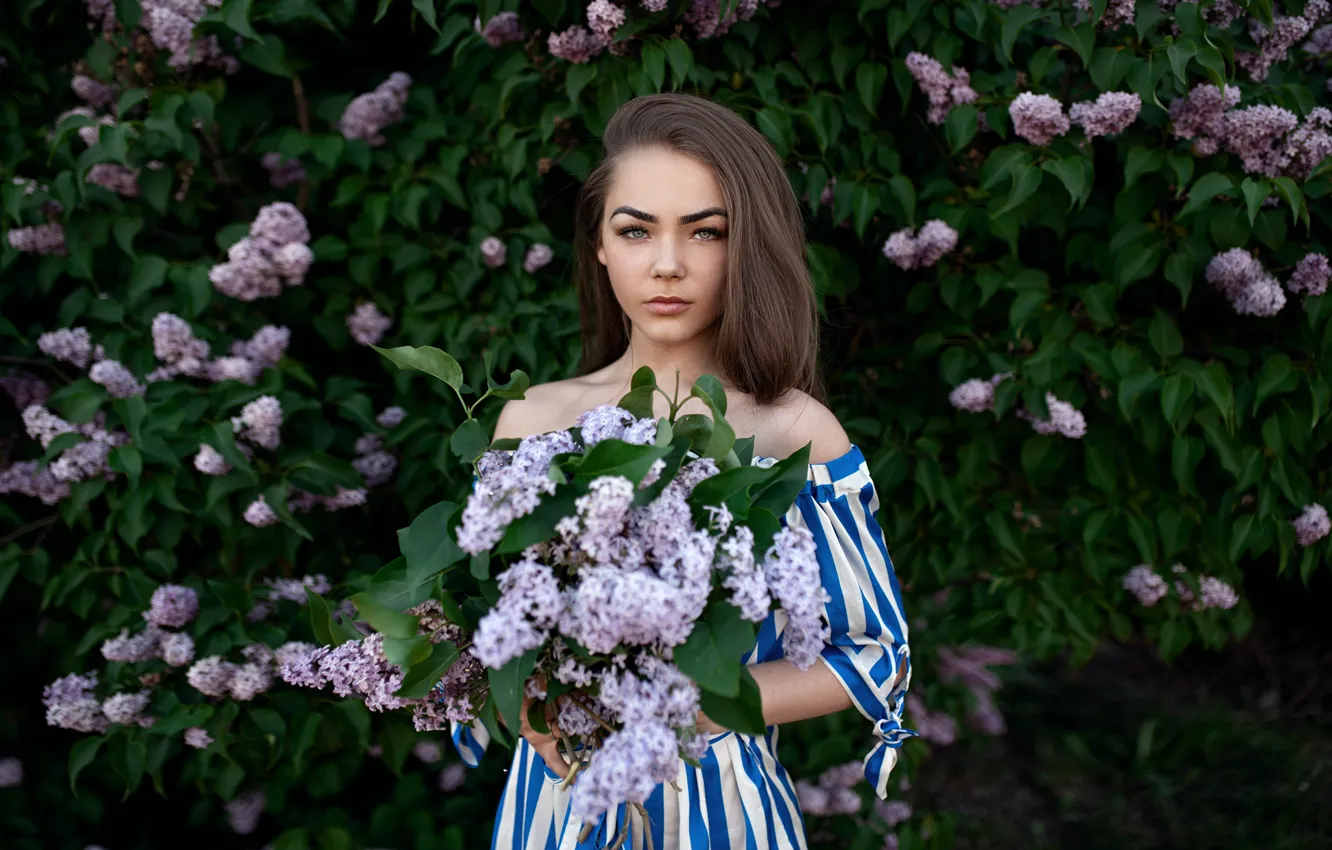 Photo wallpaper girl, nature, dress, brunette, shoulders, the bushes, lilac, Andrew Stankūnas