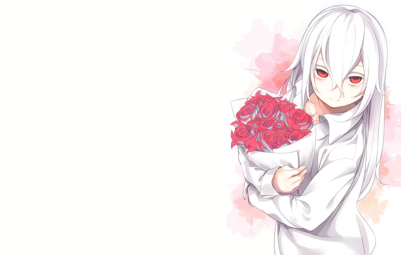 Photo wallpaper roses, bouquet, anime, art, guy, albino anime guy
