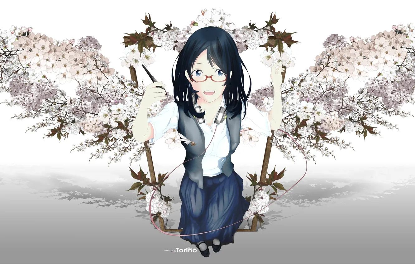 Photo wallpaper girl, flowers, wings, anime, headphones, Sakura, art, glasses