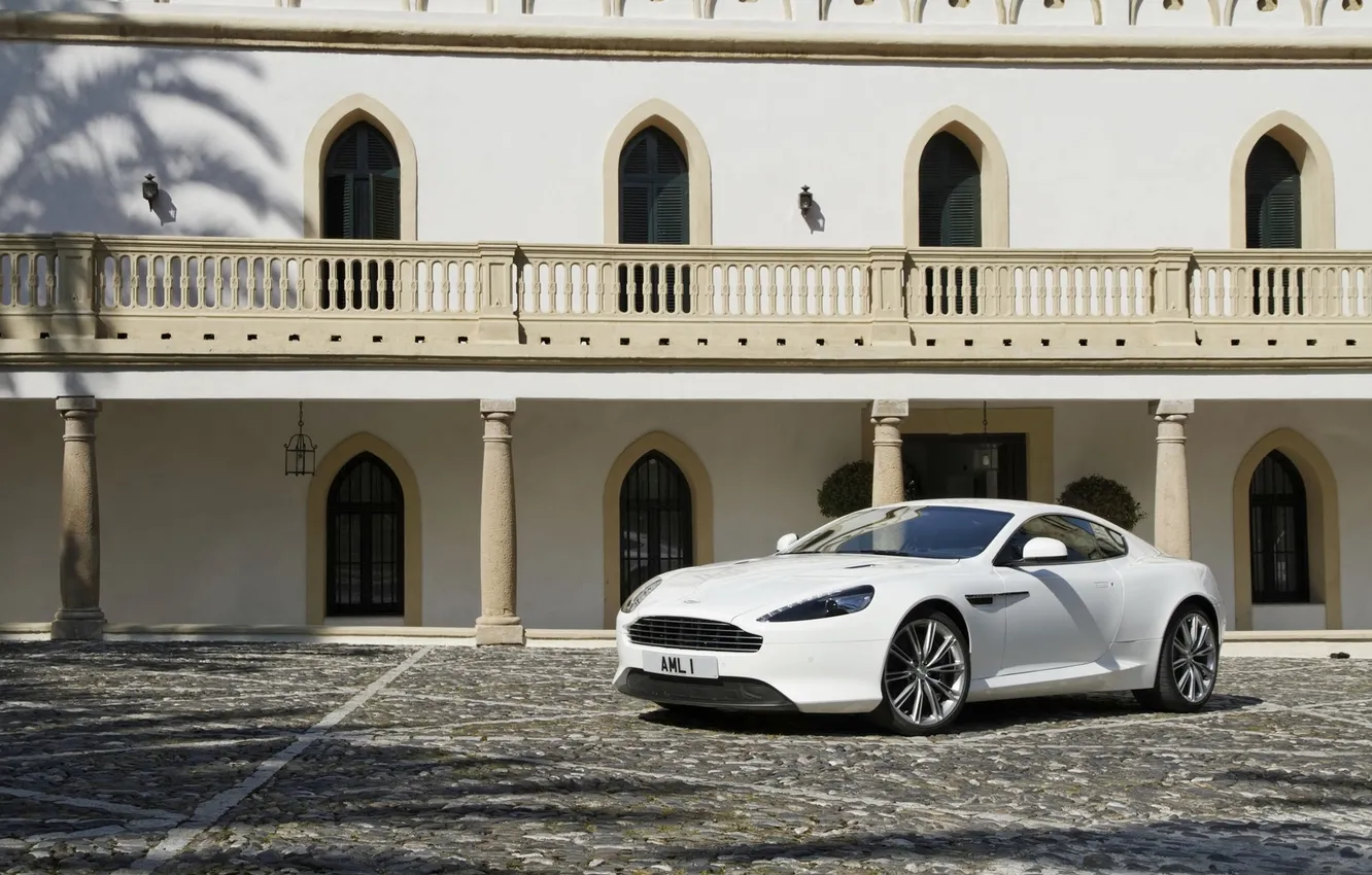Photo wallpaper machine, white, Aston Martin, building, pavers, day, Aston Martin