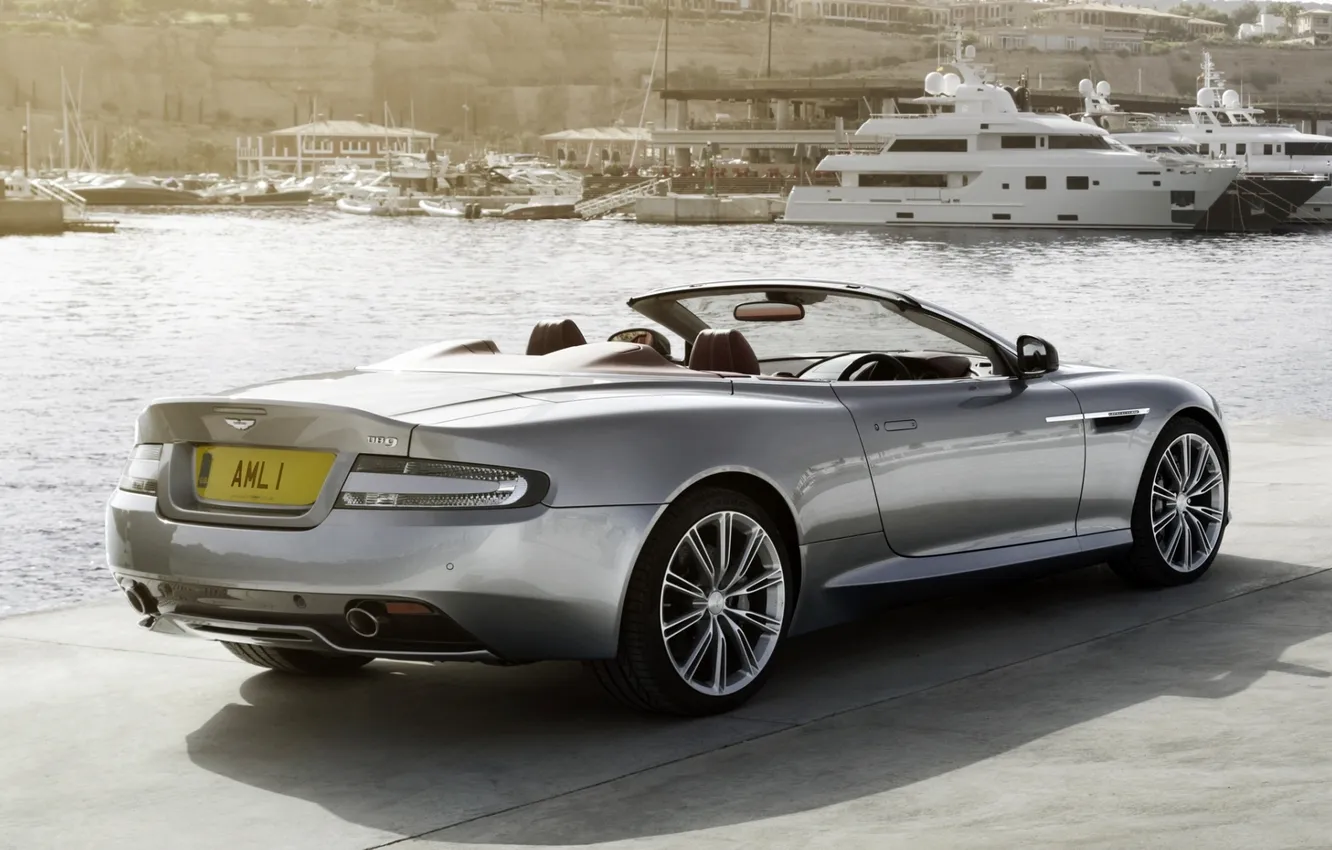 Photo wallpaper background, Aston Martin, yachts, DB9, convertible, rear view, promenade, Volante