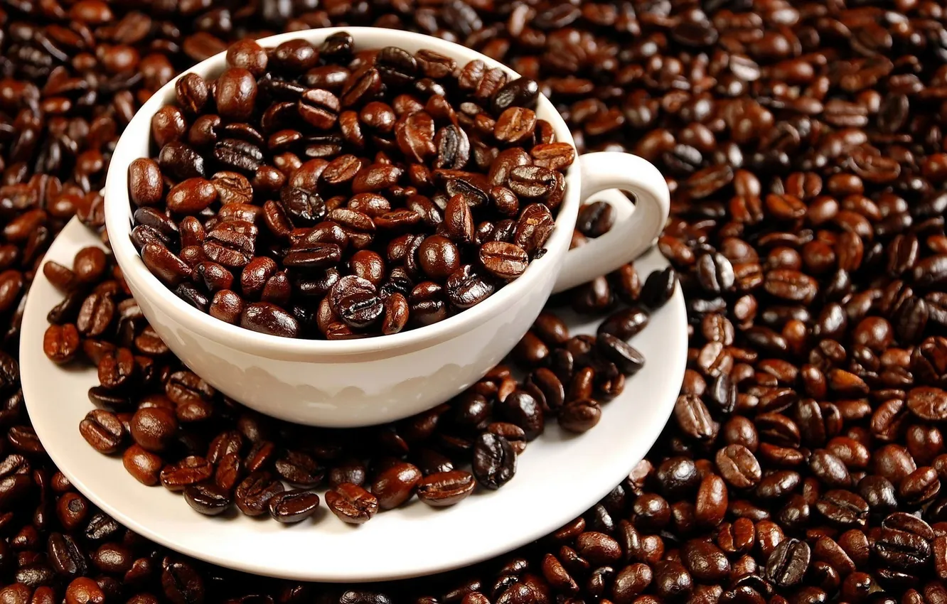 Photo wallpaper white, macro, coffee, grain, Cup, drink, saucer