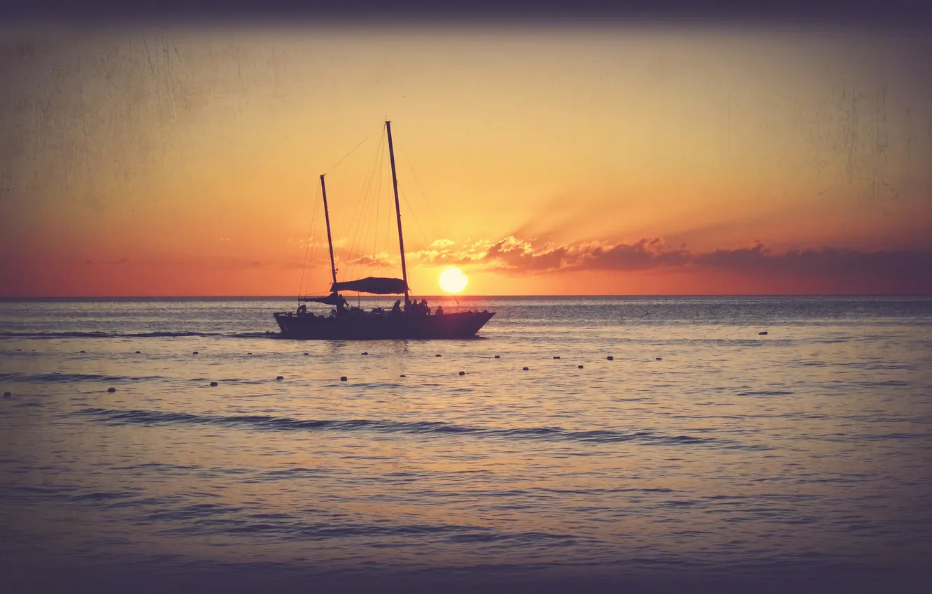 Photo wallpaper sea, the sun, sunset, boat