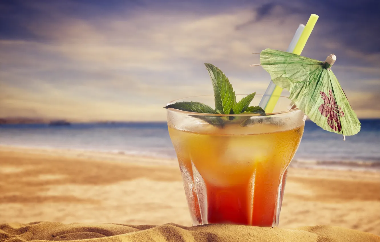 Photo wallpaper beach, umbrella, cocktail, mint