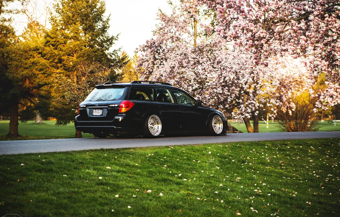 Photo wallpaper spring, Subaru, black, Subaru, stance, Outback